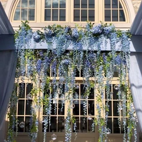 Hanging Blue Flowers, Wisteria Fairy Lights, Light Blue Outdoor Wedding, Blue Wisteria Wedding, Blue Hanging Flowers, Light Blue Party Aesthetic, Blue Garden Aesthetic, Wisteria Wedding Decor, Blue Outdoor Wedding