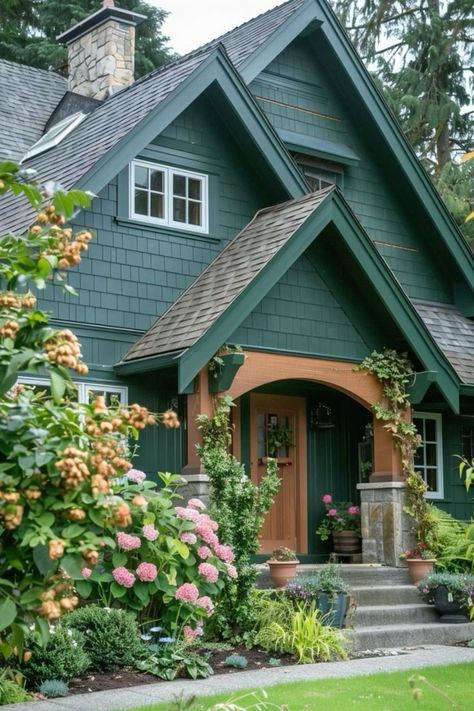 Forest Green House Exterior, Green Home Exterior, Green House Paint, Cabin Colors, Green Exterior House Colors, Green House Exterior, Exterior Color Palette, Color Paints, Home Exteriors