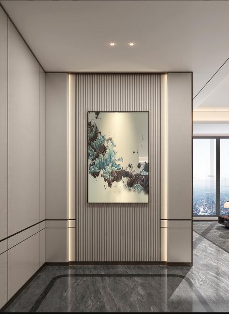 Lobby Wall Panelling Design Modern, Bedroom Side Wall Design, Hallways With Panelling, Modern Altar Design, Hallway Feature Wall, Passage Wall Design, Modern Hall Design, Residential Lobby Design, Wood Wall Paneling Modern