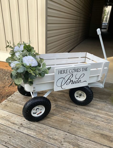 Dog In Wagon For Wedding, Wagon Ring Bearer, Radio Flyer Wedding Wagon Ideas, Flower Girl Wagons, Wedding Wagon Ideas, Wagons For Weddings, White Wagon For Wedding, Flower Girl Wagon Ideas Wedding, Wagon For Wedding Baby