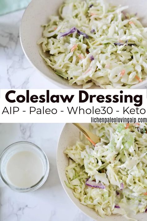 This creamy coleslaw dressing is incredibly easy to make with only four ingredients. It’s also #AIP #paleo #whole30 #keto and #dairyfree Gf Coleslaw Recipe, Coleslaw Meal Prep, Traveling On Aip Diet, Healthy Coleslaw Recipes, Aip Diet Recipes, Cabbage And Carrots, Healthy Coleslaw, Potluck Side Dishes, Vegan Coleslaw