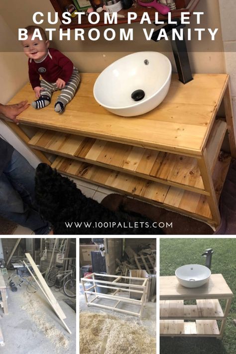 This is my custom bathroom vanity I’ve built with 4 recovered wood pallets. The top of the vanity is 1 1/4″ x 4 1/4″ oak from our horse barn. I planed the boards and created a tabletop via pocket holes. The legs are from the same oak just ripped at 1 1/4″ and notches were... #Bathroom, #RecycledWoodPallets #PalletCabinetsWardrobes Pallet Cabinets, Pallet Bathroom, Pallet Barn, Pallet Furniture Plans, Pocket Holes, Custom Bathroom Vanity, Diy Bathroom Vanity, 1001 Pallets, Pallet House