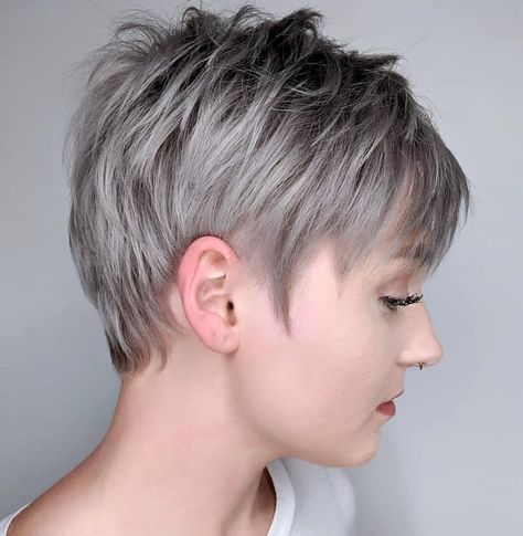 Short Gray Silver Balayage Hair Pixie Hair Color Ideas, Silver Short Hair, Class Nails, Silvery Blonde Hair, Silver Hair Short, Utility Aesthetic, Dark Silver Hair, Silver Balayage, Grey Transition