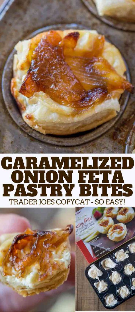 Caramelized Onion Feta Pastry Bites from Trader Joe's are one of their most popular frozen appetizers (and most expensive) and they're easy to make at home! Feta Pastry, Copycat Dinner, Pilsbury Recipes, Feta Bites, Pastry Bites, Food Comfort, Friendsgiving Food, Frozen Appetizers, Cheese Bites