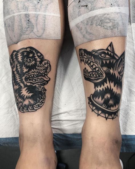 WILL DUNCAN TATTOO on Instagram: “Coupla’ good boys, being bad. Beware of the Dog. Thanks for getting them Deane. 🐶🐶🐶🐶🐶 No tattoos for now, stay safe, stay positive.” Canine Teeth Tattoo, City Morgue Dog Tattoo, Dog Bite Tattoo, Hyena Skull Tattoo, Dog Teeth Tattoo, Cerebus Dog Tattoo Traditional, Vicious Dog Tattoo, Rabid Dog Tattoo, Malinois Tattoo