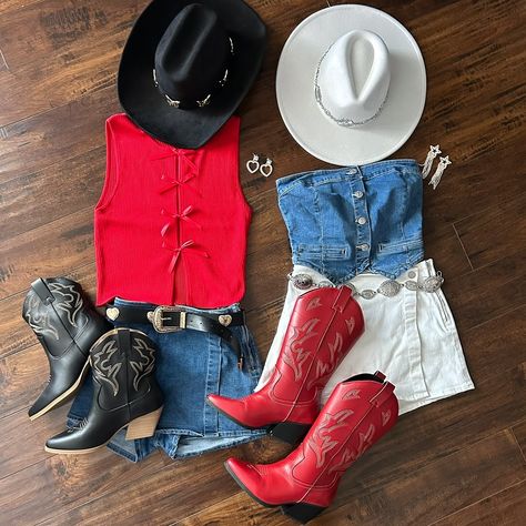 when you & your bestie want to match but don’t want to match-match ❤️ . . . . . . . . country concert outfits, western style, rodeo outfits Western Themed Party Outfit, Red Country Outfit, Outfits Western Style, Dallas Outfit, Country Concert Outfits, Country Thunder, Country Fits, Boots Outfits, Summertime Outfits