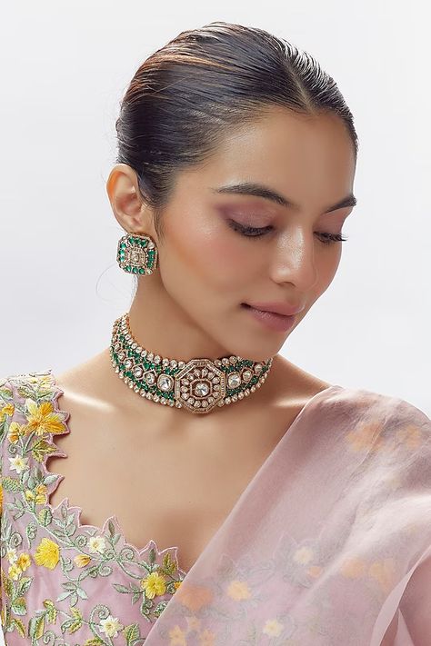 Gold Finish Zircon & Moissanite Polki Choker Necklace Set by Moh-Maya by Disha Khatri at Pernia's Pop Up Shop 2024 Earring Reference, Polki Choker, Engagement Look, Necklace Set Indian, Central Market, Pakistani Bridal Dresses, Choker Necklace Set, Indian Fashion Designers, Pernia Pop Up Shop