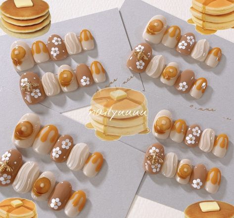 Bakery Nail Art, Pancake Nails, Dessert Nails Designs, Bread Nails, Cookie Nails, Butter Nails, Dessert Nails, Food Nail Art, Food Nails