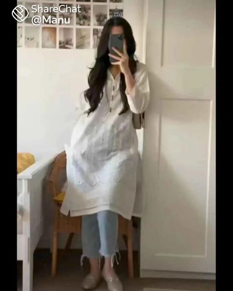 White 🤍 kurti #kurti White Kurti With Jeans Outfit Ideas, Off White Kurti Styling Ideas, White Kurti Styling Ideas With Jeans, White Kurti Designs With Jeans, White Kurti With Jeans, Kurti White, White Kurti, Kurti With Jeans, Instagram White