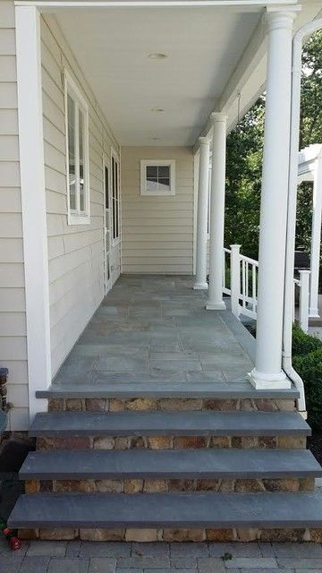 Bluestone Porch - Stone Veneer - Traditional - Porch - New York - by DRS Lawn & Landscape | Houzz Slate Porch Entrance, Stone Tile Porch, Stone Veneer Front Porch, Porch Stone Ideas, Blue Stone Front Porch, Bluestone Front Porch, Tile On Front Porch, Stone Porch Ideas, Porch Flooring Ideas