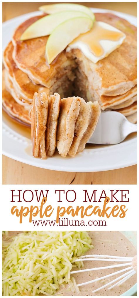 Light, fluffy pancakes filled with grated apple and the perfect hint of cinnamon. Serve with warm maple syrup or apple butter spread and your tastebuds will thank you! #applepancakes #apple #pancakes #breakfast #applerecipes Light Fluffy Pancakes, Apple Twist, Cinnamon Pancakes Recipe, Apple Pancake Recipe, Apple Cinnamon Pancakes, Pancakes Breakfast, Cinnamon Pancakes, Apple Pancakes, Breakfast Routine