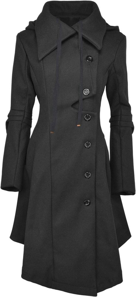 QZUnique Pea Coat Women's Long Fleece Pea Jacket Gothic Trench Coat Winter Punk Collar Peacoat Outwear Slim Hood Dress Coat Gothic Trench Coat, Trench Coat Winter, Winter Pea Coat, Long Denim Jacket, Turtleneck Poncho, Winter Trench Coat, Knitted Cape, Wool Trench Coat, Wool Winter