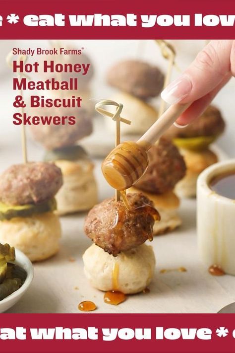 Bring the heat to the table with these turkey meatball and biscuit skewers. The hot honey adds a little kick we love. You don’t have to sacrifice taste when you cook with turkey! #eatwhatyoulove #goodfeedsgood Party Snacks Easy Appetizers, Homemade Hot Honey, Honey Turkey, Turkey Meatball, Party Snacks Easy, New Dinner, Flaky Biscuits, Appetizers Easy Finger Food, Hot Honey