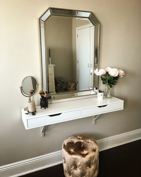 IKEA Ekby Alex shelf as vanity - painted brackets my wall color. Ekby Alex Shelf, Ikea Ekby, Dressing Table Design, Diy Vanity, Mirror On The Wall, Makeup Rooms, Bedroom Vanity, Makeup Table, Makeup Room