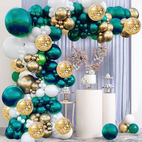 Gold Green Decoration Party, Teal Theme Birthday Party, Teal And Gold Themed Birthday Party, Green Themed Birthday Party Decorations, Teal Birthday Party Decorations, Green Gold Party Decor, Turquoise Balloon Garland, Emerald Green And Gold Birthday Party Decorations, Green And Gold Decorations Party Ideas