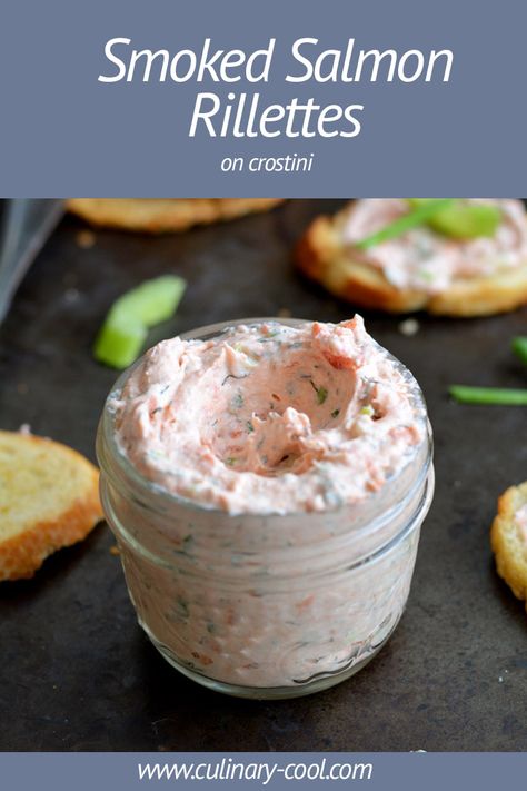 Smoked Salmon Rillettes, Smoked Salmon Rillettes Recipe, Salmon Rillettes Recipe, Candied Salmon Appetizer, Salmon Hors D’oeuvres, Smoked Salmon Charcuterie Board, French Fish Recipes, Entree Starters, Smoked Salmon Crostini