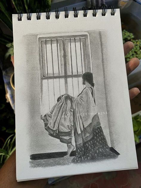 Girl In Saree Sketch, Girly Drawings Pencil, Saree Drawing Sketches, Aesthetic Pencil Art, Peace Sketch, Saree Sketch, Homemade Bookmarks, Pencil Sketches Easy, Pencil Drawing Images