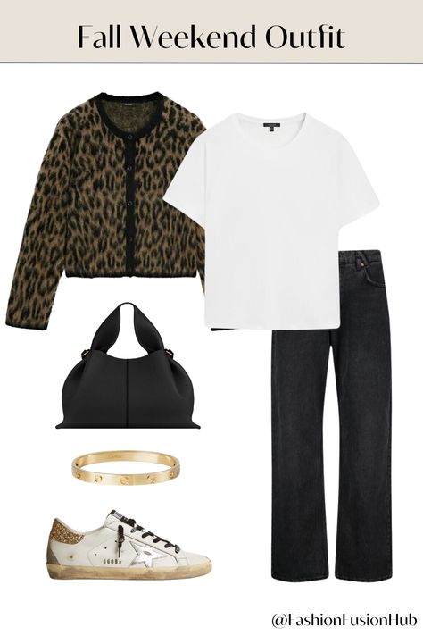 Get inspired with this effortlessly chic fall weekend outfit! Perfect for a casual day out or running errands, this stylish combination of a bold animal-print cardigan, classic white tee, and black jeans is paired with trendy sneakers and sleek accessories. Stay comfortable without sacrificing style this autumn! 🍂 #FallOutfits #WeekendFashion #AutumnStyle #CasualChic #ChicFallLooks #FallFashionInspo #EffortlessStyle Animal Print Cardigan Outfit, Print Cardigan Outfit, Fall Weekend Outfits, Running Errands Outfit, Animal Print Cardigan, Errands Outfit, Autumn Outfits, Cardigan Outfits, Weekend Style