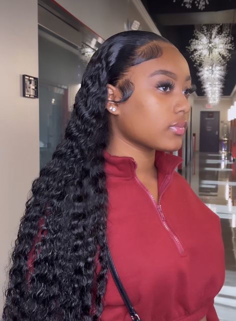 Wet Look Frontal Wig, Slick Back Wet Look Curly Wig, Wet Look Lace Front Wig, Slick Back Frontal Wig, Slick Back Deep Wave Wig, Slick Back Wet Hair Look Curly, Frontal Deep Wave Hairstyles, Wavy Sew In Weave, Wet Wavy Hairstyles