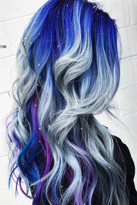 Blonde Highlights Ideas on Colored Hair Picture 1 Blond Ombre, Blue Ombre Hair, Galaxy Hair, Ombre Hair Blonde, Multicolored Hair, Long Hair Color, Ombré Hair, Ombre Hair Color, Hair Dye Colors