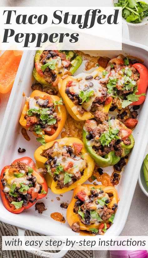 Taco-seasoned stuffed peppers in a white casserole dish. Taco Stuffed Bell Peppers, Stuffed Bell Peppers Ground Beef, Baked Peppers, Taco Stuffed Peppers, Bell Pepper Recipes, Beef Casserole Recipes, Mexican Food Recipes Easy, Healthy Dinner Recipes Chicken, Food Style