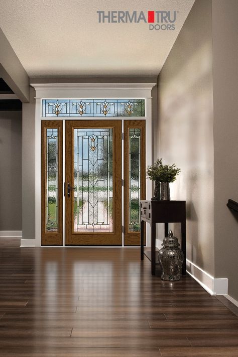 Decorative Glass Front Door, Full Glass Entry Door, Full Glass Front Door, Fiberglass Exterior Doors, Craftsman Door, Entry Doors With Glass, Stair Railings, Front Door Entrance, Exterior Front Doors