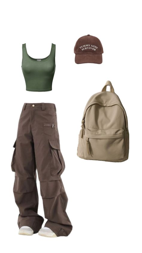 Brown cargos woman, Brown cargos, Olive green outfit, Brown outfit, green crop top, college outfit, basic outfit, backpack, cap, brown cap, olive green aesthetic, brown aesthetic Casual College Outfit, Cargos Outfit, Brown Cargos, Outfit Basic, Cargo Outfit, Backpack Outfit, College Outfit, Brown Crop Top, Brown Backpacks