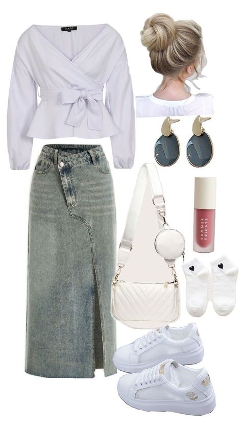 A high school outfit featuring a white full-sleeve top paired with a grey denim long-cut skirt. The look is completed with white sneakers, a white sling bag, and white socks. Blue hoop earrings add a touch of color, and the hairstyle is a neat bun. Pink glossy lipstick provides a vibrant finish. Outfit With Sling Bag, Outfit With White Sneakers, High School Style, White Sling Bag, Sleek Bun Hairstyles, Blue Hoop Earrings, Glossy Lipstick, White Sneakers Outfit, High School Fashion