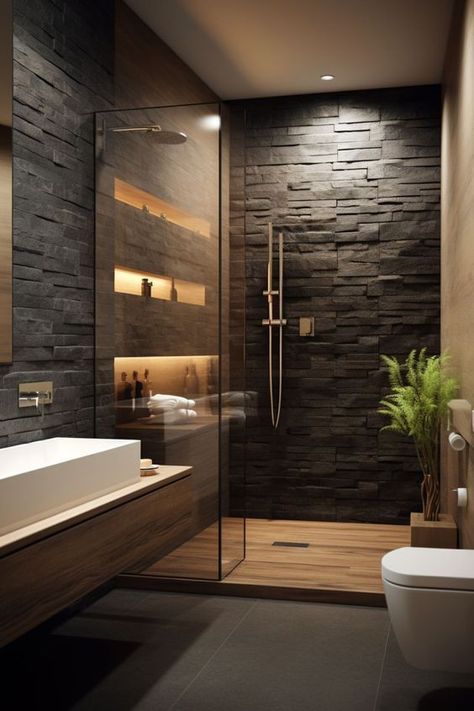 Bathroom Stone Wallpaper, Mountain Cabin Bathroom Ideas, Modern Black Bathroom Design, Black And Wood Bathroom, Dark Modern Home, Dark Modern Bathroom, Bathroom Design Styles, Dark Bathrooms, Zen Bathroom