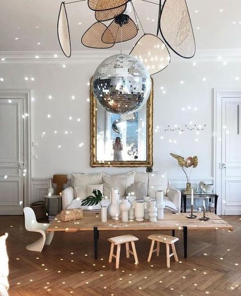 Disco Ball Decor, Dining Room Accent Wall, Dining Room Accents, Room Accent Wall, Interior Decorating Tips, Interior Decorating Styles, Chandelier In Living Room, Disco Ball, Living Dining Room