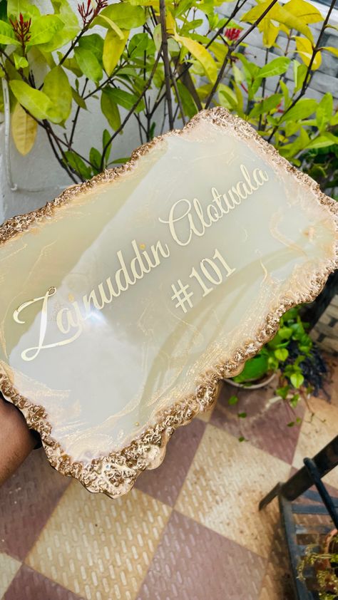 Resin nameplate with golden stones 🖼️ Mdf Resin Nameplate, Resin Nameplate For Home, Resin Name Plates For Home, Unique Name Plates For Home Diy, Resin Art Name Plate, Nameplates Design Ideas For Home, Parlour Names, Resin Name Plate, Raisin Art