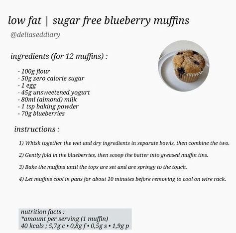 Low Calories Recipe Breakfast, Low Cal Blueberry Muffins, Ãnã Recipes, Lowcal Recipe, Sugar Free Blueberry Muffins, Low Calorie Muffins, Low Calorie Sweets, Aesthetic Recipes, Food Calories List