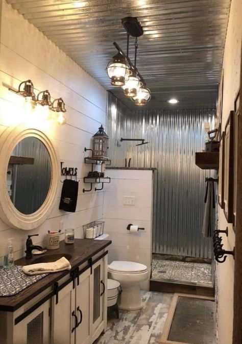 Tin In Shower Rustic Bathrooms, Tin On Walls Ideas Bathroom, Tin Walls In Bathroom, Tin Bathroom Ceiling, Galvanized Steel Shower Walls, Tin Bathroom Ideas Farmhouse, Galvanized Tin Shower Walls, Bathroom With Tin Ceiling, Bathroom With Tin Walls