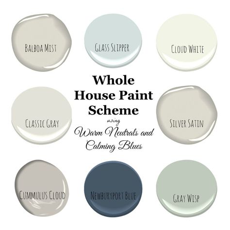 My Home Paint Colors: Warm Neutrals and Calming Blues - Saw Nail and Paint Whole House Paint Scheme, Home Paint Colors, Paint Pallets, Balboa Mist, Interior Paint Colors Schemes, Home Paint Color, Floor Living, Home Paint, House Updates