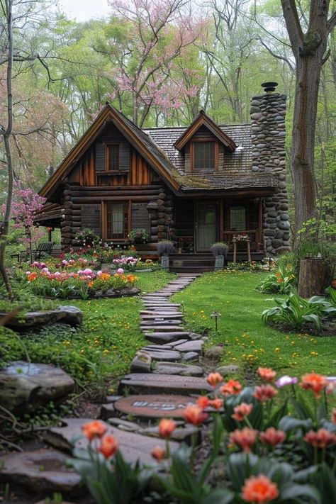 Stone Cottage Homes, Woodland Bedroom, Cottage House Designs, Cabin Style Homes, Stone Cabin, Cabin Rustic, Little Cabin In The Woods, Log Cabin Rustic, Cabin Inspiration