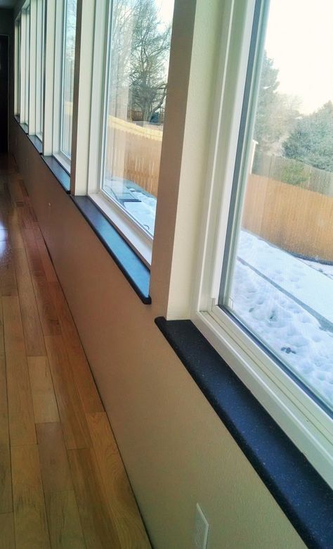 Custom CORIAN or HI-MACS Window Sills Black Window Sills Interior, Black Window Sills, Interior Window Sill, Aesthetic Window, Contemporary Windows, Windows Surface, Black Window, Window Sills, Window Ledge