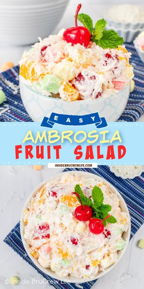 This Ambrosia Fruit Salad is an easy dish that does not require much work. Mix everything together and then refrigerate until time to serve. Delicious ambrosia recipe for holiday dinners or potlucks. Recipes With Canned Fruit, Fruit Salad With Cool Whip, Ambrosia Dessert, Ambrosia Recipe, Ambrosia Fruit Salad, Easy Fruit Salad Recipes, Homemade Whipped Cream Recipe, Homemade Graham Cracker Crust, Fruit Salad Recipe