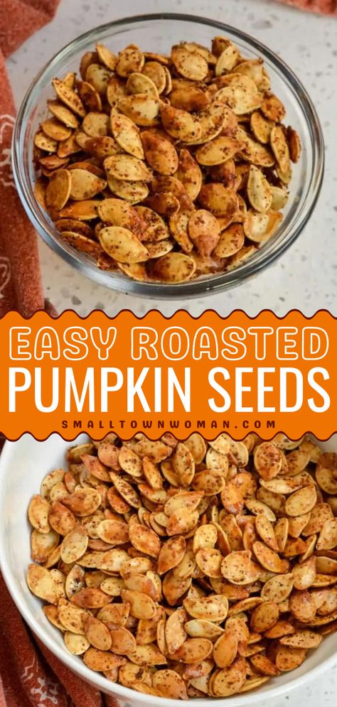 Learn how to cook pumpkin seeds! They're a perfect afternoon snack idea. Thanks to some tips, these oven roasted pumpkin seeds are the BEST. Whether sweet, savory, or spicy, this easy fall recipe is so tasty! Best Roasted Pumpkin Seeds Recipe, Seasoned Pumpkin Seeds Recipes, Oven Baked Pumpkin Seeds, Best Roasted Pumpkin Seeds, Oven Roasted Pumpkin Seeds Recipe, Diy Pumpkin Seeds Recipes, Salty Pumpkin Seed Recipes, Baked Pumpkin Seeds Recipe, Roast Pumpkin Seeds Recipe