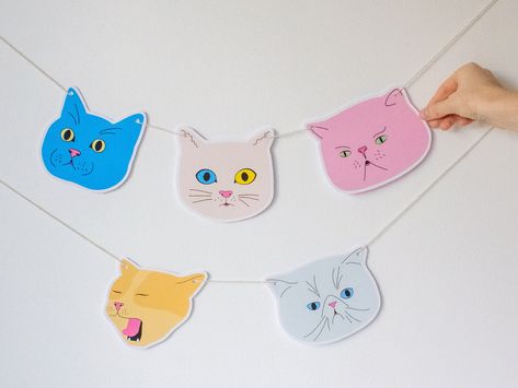 Cat Garland Diy, Cat Theme Classroom, Cat Themed Party, Cat Garland, Cat Banner, Cat Party Decorations, Pastel Cat, Cat Flag, Cat Themed Parties