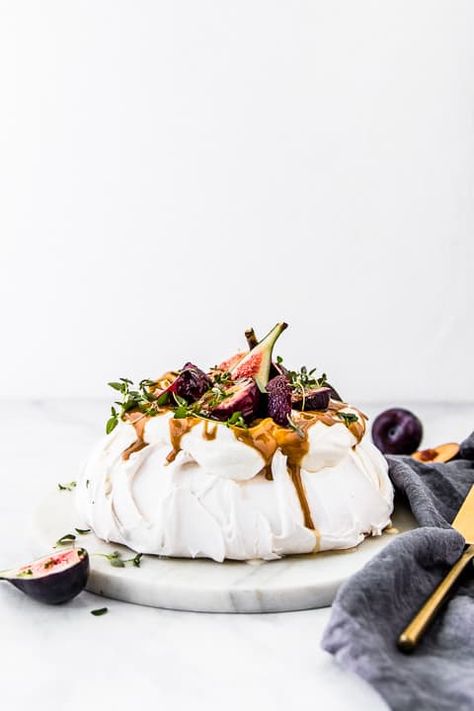 Fig Pavlova, Fruit Pavlova, Roasted Plums, Christmas Pavlova, Pavlova Dessert, Holiday Baking List, Toffee Sauce, Pavlova Recipe, Dessert Photography