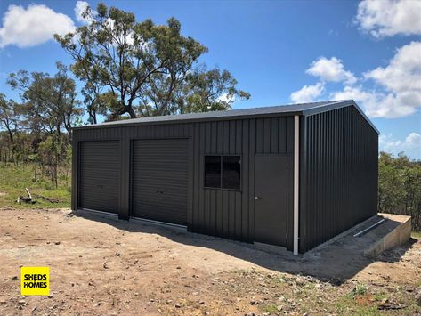 What a majestic, Aussie-backyard backdrop to a majestic, Aussie-made shed all decked out in the massively popular colour choice of COLORBOND steel Monument®.This shed kit's dimensions came to 7m x 9m x 3m. Colorbond Shed, Shed With Awning, Sheds Australia, Aussie Backyard, Steel Garage Buildings, Backyard Workshop, Metal Garage Buildings, Big Sheds, Metal Shop Building