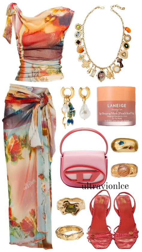 #summer #oufitinspo #gaultier #jeanpaulgaultier #skirt #top #gold #rings #goldrings #goldnecklace #italian #laneige #diesel Shuffles Summer, Fancy Fits, Tropical Outfit, Ibiza Outfits, Looks Chic, Fashion Fits, Summer Fashion Outfits, Lookbook Outfits, Jean Paul Gaultier