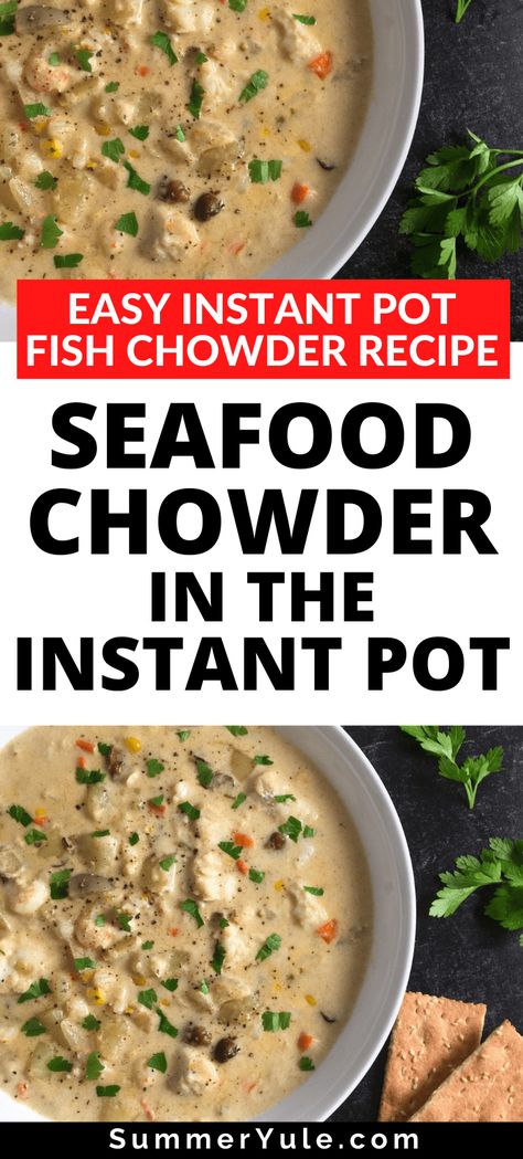 Seafood lovers rejoice! This Instant Pot Seafood Chowder recipe is here to make your day. It's made with cod fish, shrimp, and canned smoked oysters (instead of the bacon found some traditional chowders). This creamy, delicious Instant Pot chowder cooks quickly in an electric pressure cooker. Get directions and nutrition info on this seafood dinner recipe that makes a fast weekday meal. #instantpot #pressurecooker #fish #seafood Instant Pot Seafood Soup, Instant Pot Fish Soup, Clam Chowder Recipe Instant Pot, Instant Pot Chowder, Instant Pot Seafood Chowder, Cod Instant Pot Recipes, Instapot Fish Recipe, Instapot Seafood Recipes, Fish Instant Pot Recipes