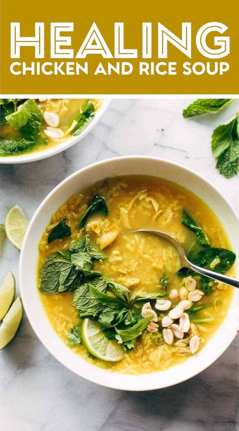 Healing Chicken and Rice Soup that is limey, salty, and so fresh! Garlic-ginger-infused broth, shredded chicken thighs, tender jasmine rice, fresh herbs, and peanuts. YUM. Shredded Chicken Thighs, Rice Soup Recipes, Chicken Rice Soup, Turmeric Recipes, Diner Recept, Chicken And Rice, Rice Soup, Jasmine Rice, Spinach Stuffed Chicken