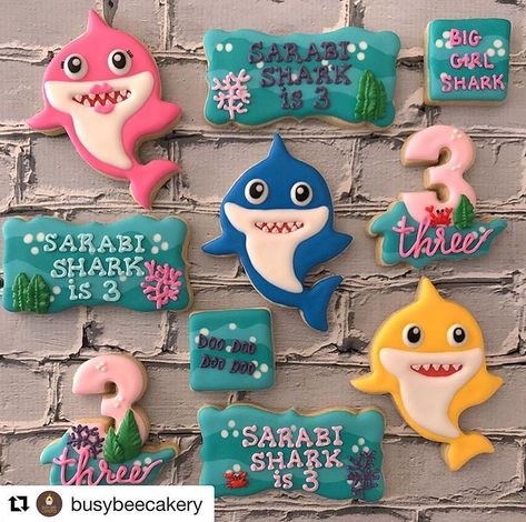 Such a fun set of cookies made by @busybeecakery Make sure to check out her page and awesome work. Our number three cutter was used.… Jaws Cookies, Shark Decorated Cookies, Jaws Cookies Decorated, Pool Party Sugar Cookies, Beach Birthday Cookies Decorated, All About Sharks, Marshmallow Cake, Shark Cookies, Beach Cookies