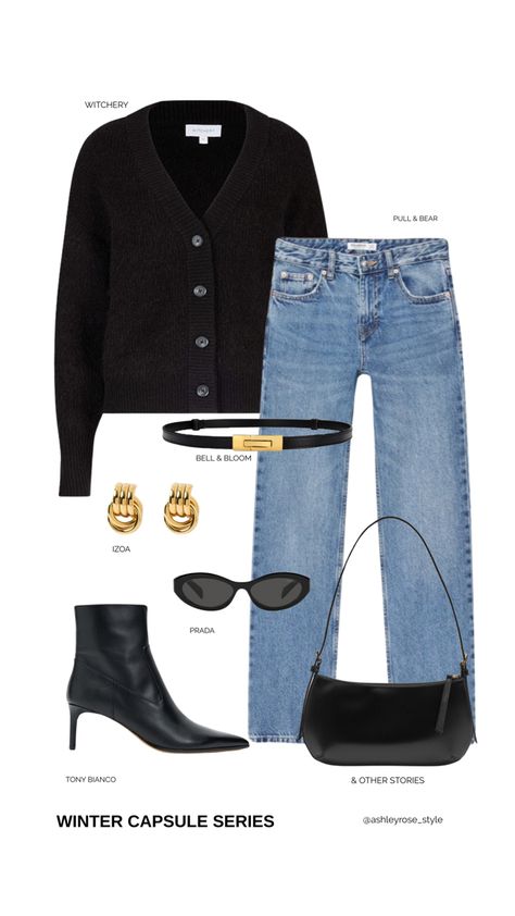 Outfit inspo, go to blue straight leg denim, wool black cardigan. Elevated with simple gold accesories taking the outfit from basic to chic. Straight Leg Jeans Winter Outfits, Straight Leg Jeans Outfits Winter, Blue Jeans Outfit Winter, Straight Jeans Outfit, Straight Leg Jeans Outfits, Jeans Outfit Winter, Pointed Boots, Blue Jean Outfits, Capsule Wardrobe Essentials