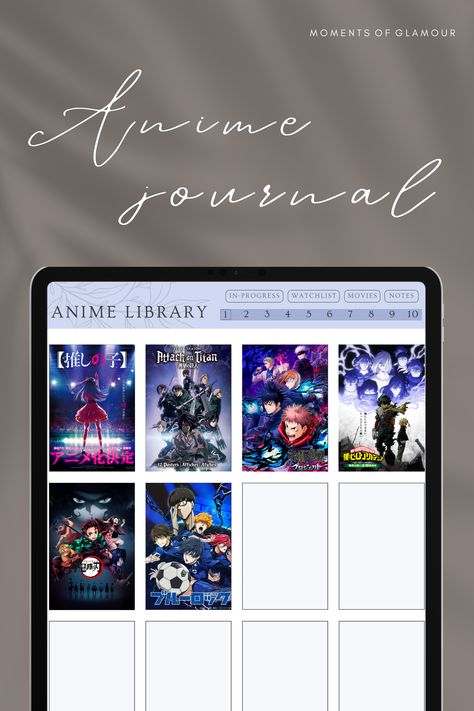 CLICK THE LINK TO DOWNLOAD ♡ Anime Journal: easily organize all the anime you watch, write detailed reviews, rate, and keep track of your favorite anime episodes, movies, and more! This fully hyperlinked anime tracker journal includes: anime library, anime review, in-progress, watchlist, and notes. So, rate, review, and keep notes of all anime you love. Anime Tracker Journal, Anime Journal Digital, Anime Review Journal, Anime Journal Cover, Library Anime, Anime Library, Anime Journal Ideas, Template Anime, Review Template