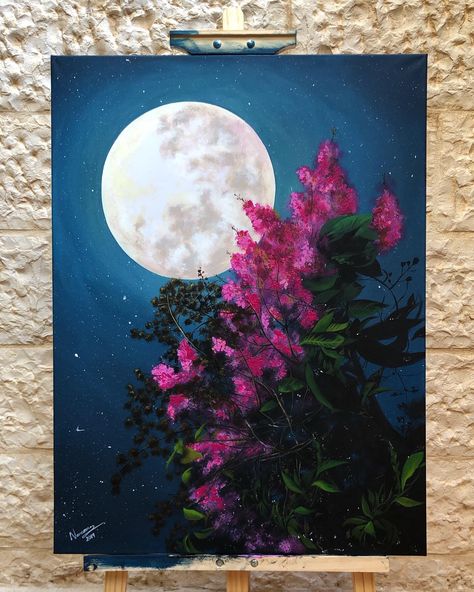 By #narmeen_ayad #art #artist #acrylic #painting #drawing #moon #night #flowers Flowers At Night Painting, Moon And Flower Painting, Moon Paintings Aesthetic, Night Aesthetic Painting, Colour Full Drawing, Poster Colour Painting Ideas, Moon Drawings Aesthetic, Moon Painting Acrylic, Night Acrylic Painting