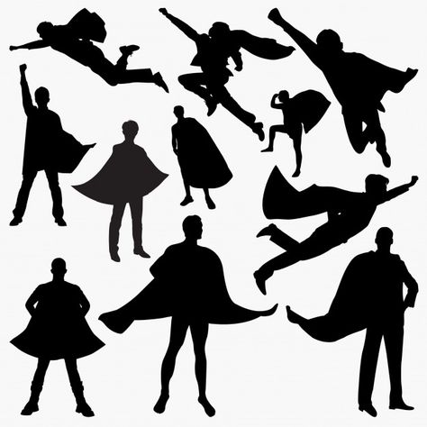 Superhero silhouettes | Premium Vector #Freepik #vector #man #comic #packaging #silhouette Vbs Superhero Theme, Silhouette Printables, Superhero Vbs, Superhero Silhouette, Logo Superman, Superhero Prints, Hero Tattoo, Superman Kids, Hero Logo