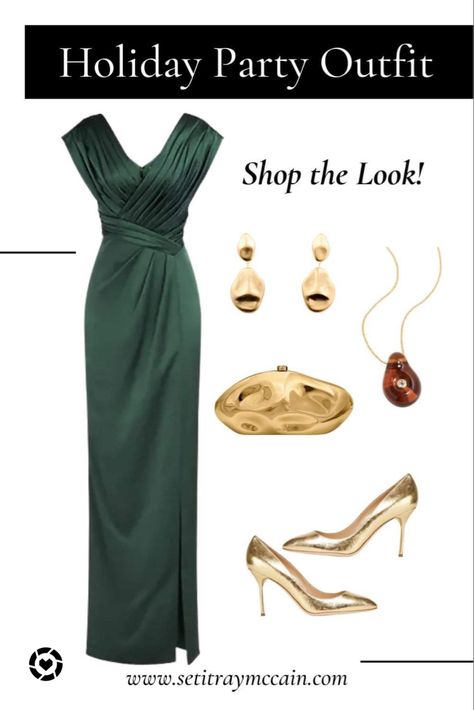 Holiday Party outfit Inspo. This lovely green maxi dress will be great for any special occasion. Dinner Vacation, Green And Gold Dress, Party Dress Christmas, Myrtle Green, Golden Shoes, Wedding Lookbook, Green Evening Dress, Designer Outfit, Necklace Luxury